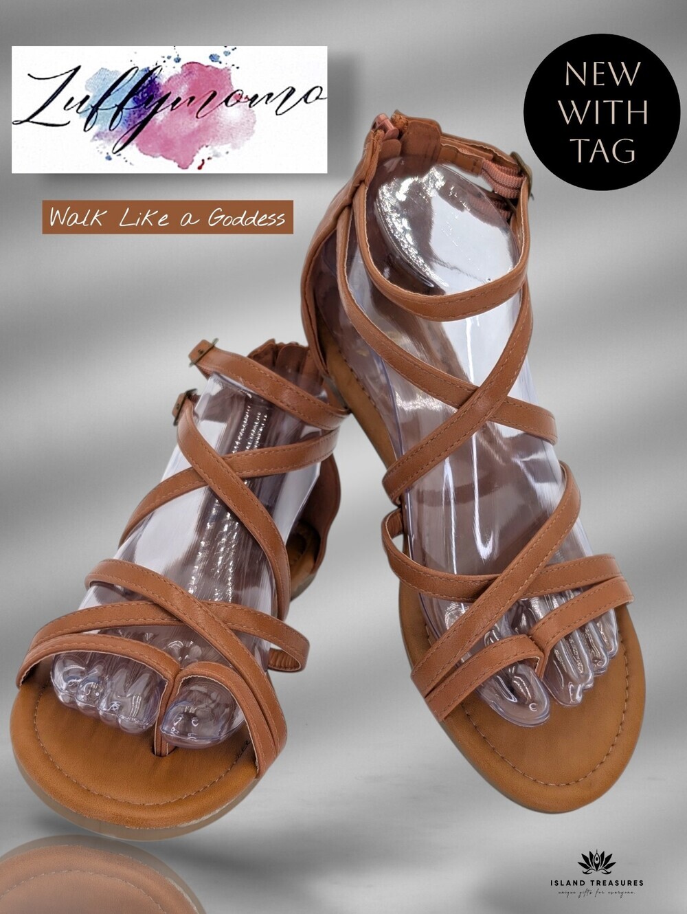 NWT Luffymomo Sz 7 Tan/ Brown Strappy Gladiator Sandals Bronze Buckles Back Zip